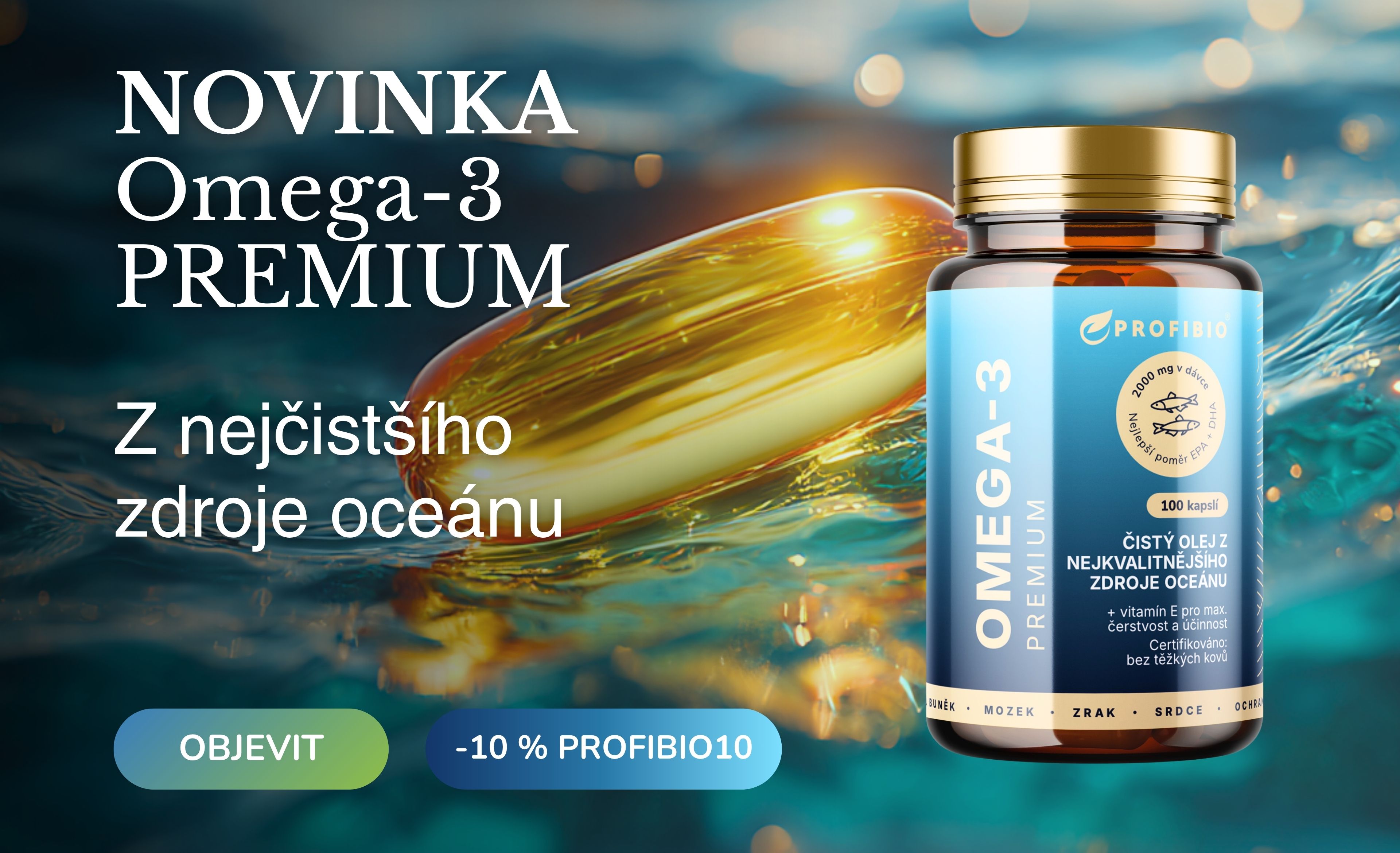 PREMIUM Omega-3 + vitamín E, Čistý rybí olej z ančoviček, 2000 mg, 100 softgel kapslí -1_1